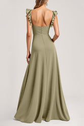 Olive Langes Brautjungfernkleid mit Rüschen und Schlitz